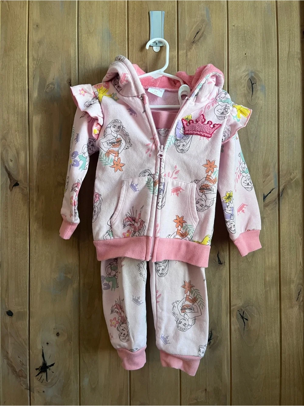 Disney Princess Pink Hooded Zip Top with matching sweat bottoms in size 3T